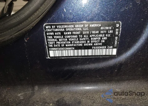 2012 Volkswagen Passat 2.5L Se z USA, uszkodzony, nr VIN 1VWBH7A33CC068974